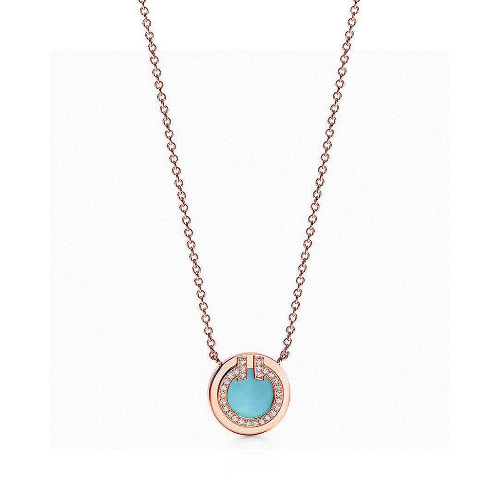 18K T Diamond & Turquoise Circle Pendant Necklace