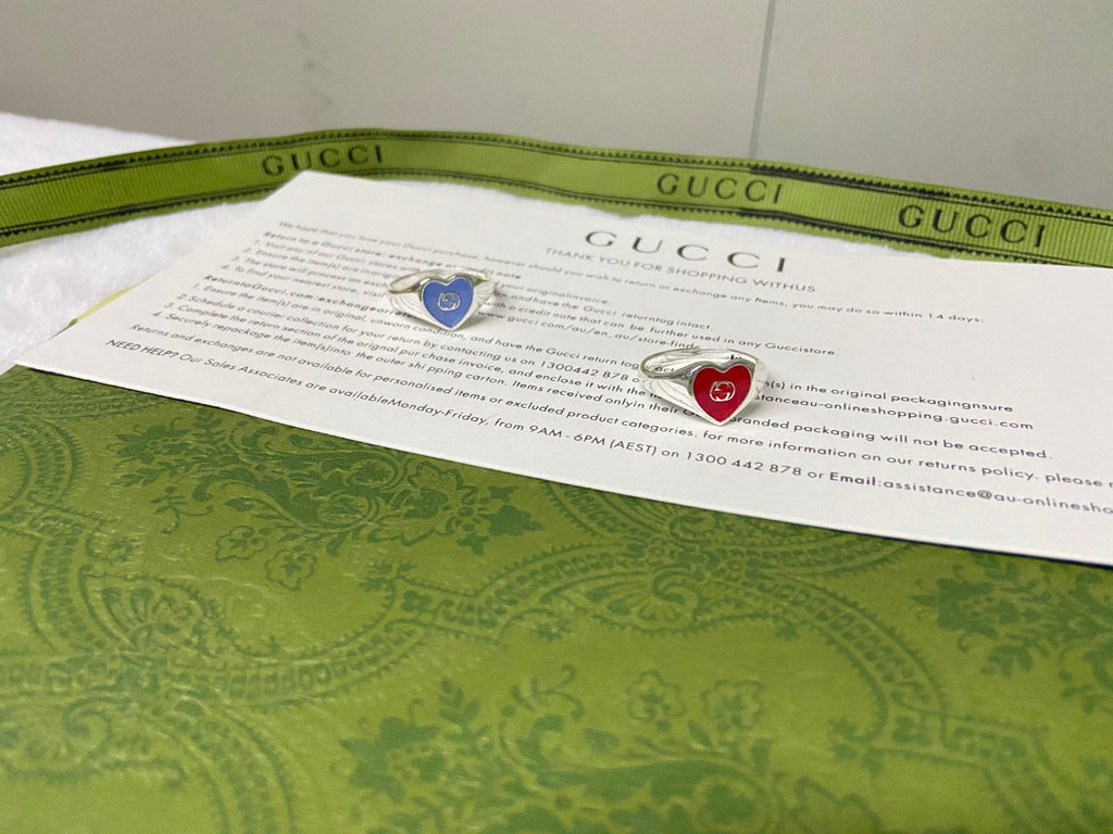 Double G Interlocking G Red Enamel Heart Ring